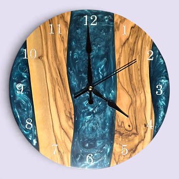 Olivewood & Blue Epoxy Wall Clock – 12-Inch Silent Movement